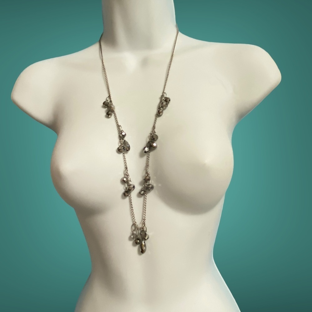 Silver Tone Hematite & Faceted Gass Beads Long Necklace